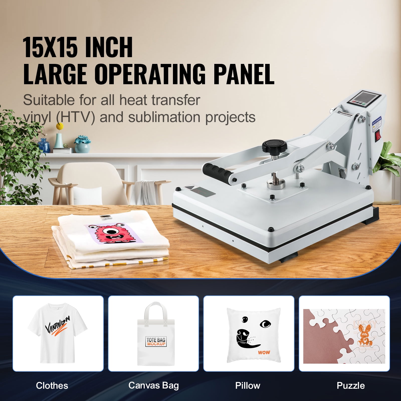 SKYSHALO Heat Press Machine, 15 x 15 in, Clamshell Sublimation Transfer Printer with Teflon Coated, Digital Precise Heat Control,Powerpress for T-Shirts Bags Pads, White
