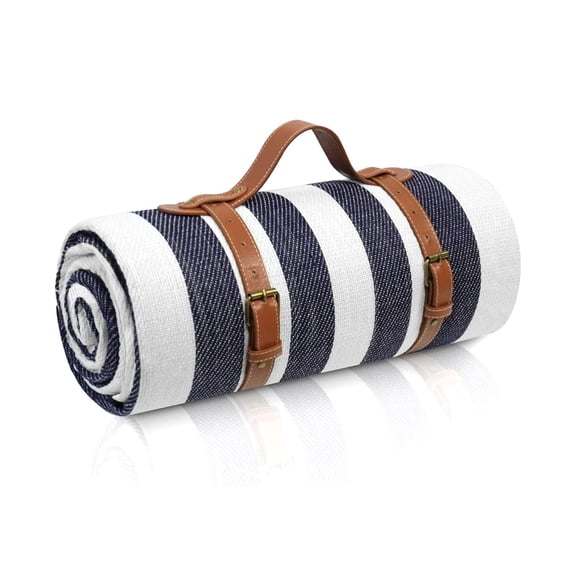 80x80 Extra Large Picnic Blanket Waterproof Outdoor Beach Mat Navy & White Striped Camping