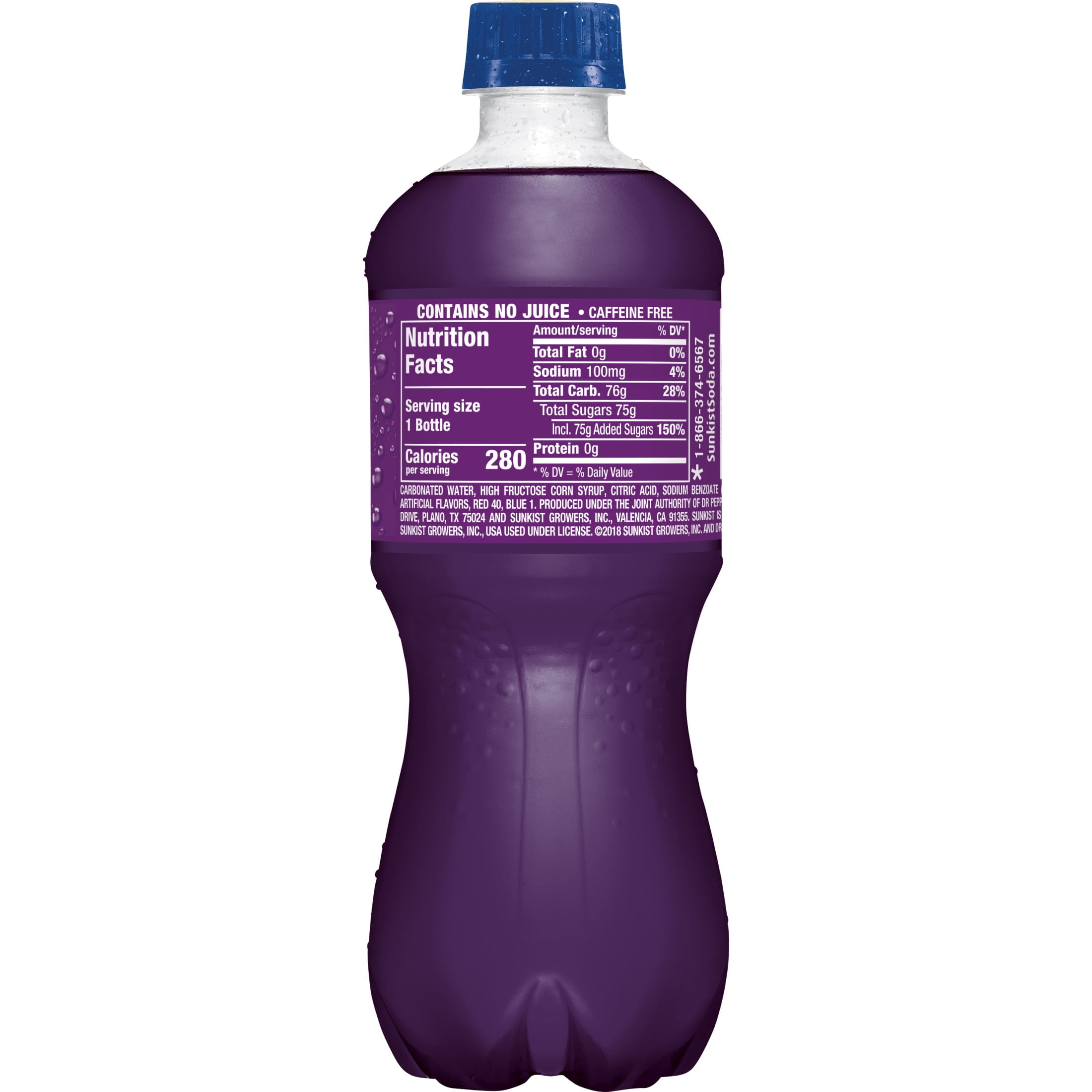 (5 pack) Sunkist Caffeine Free Grape Soda Pop, 20 fl oz, Bottle