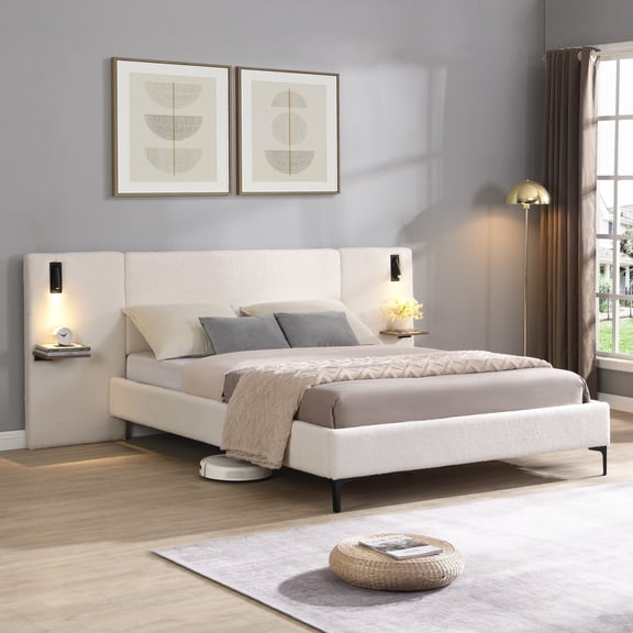 Christopher Knight Home Boucle Upholstered Queen Platform Bed with Reading Lights and Headboard Shelves, White