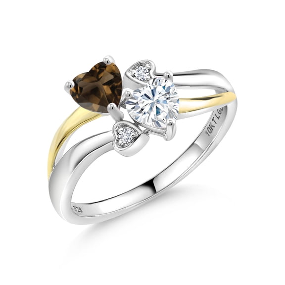 Gem Stone King 925 Silver and 10K Yellow Gold Brown Smoky Quartz and White Moissanite and White Lab Grown Diamond Ring for Women (0.88 Cttw, Gemstone, Heart Shape 5MM, Size 8)