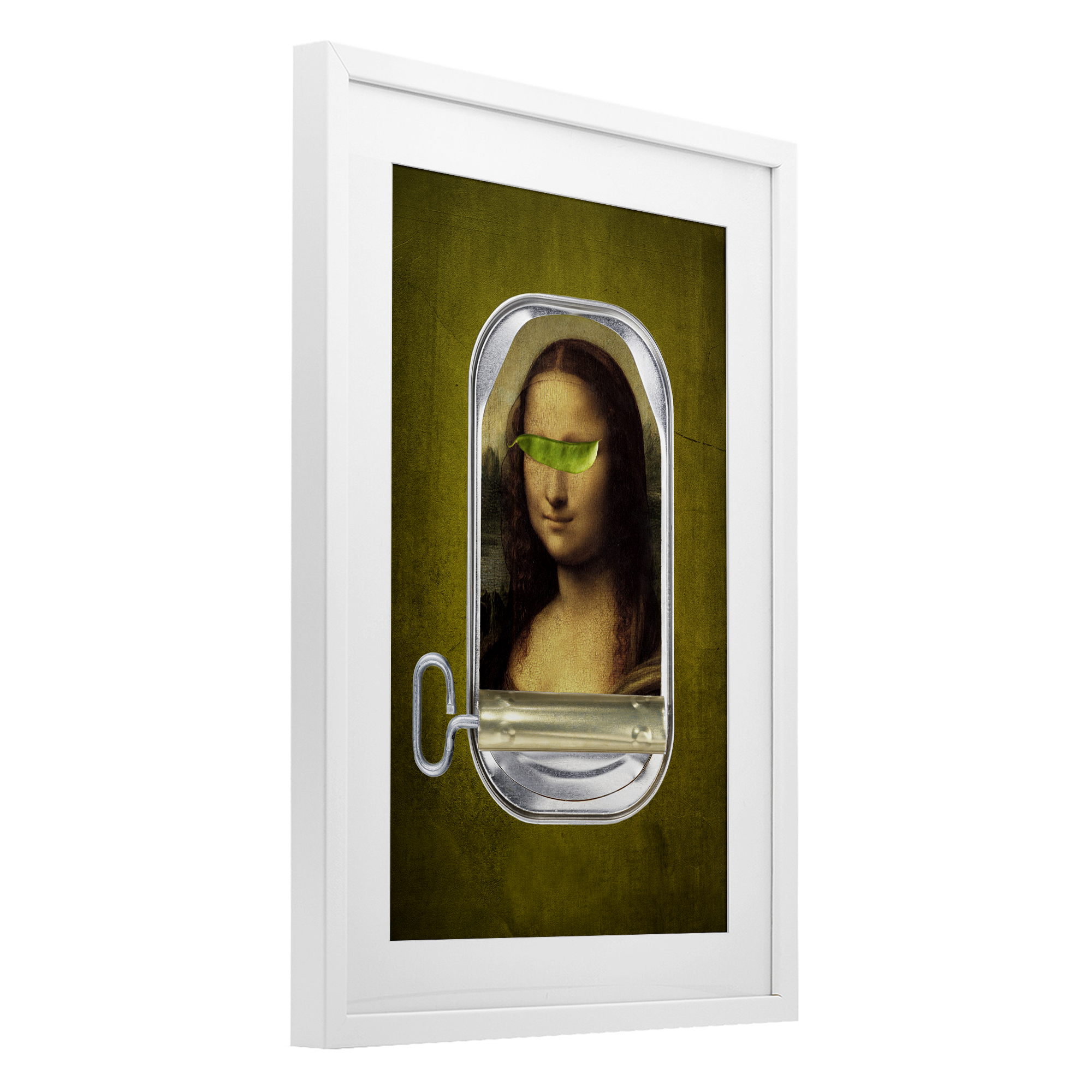 Canned Mona Lisa White Framed Print Under Glass, design by Elo Marc