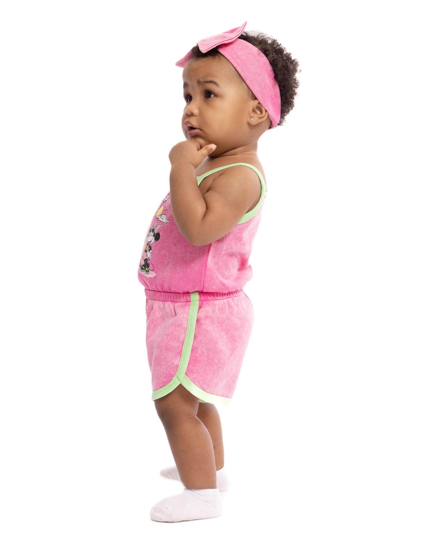 Minnie Mouse Baby Girls Sleeveless Graphic Romper with Matching Bow Headband, Sizes 0/3M-24M