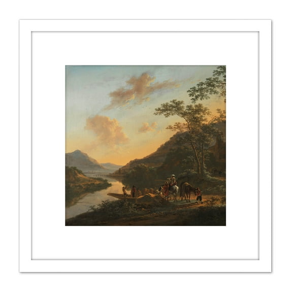 Jan Both Italian Landscape With Ferry 8X8 Inch Square Wooden Framed Wall Art Print Picture with Mount