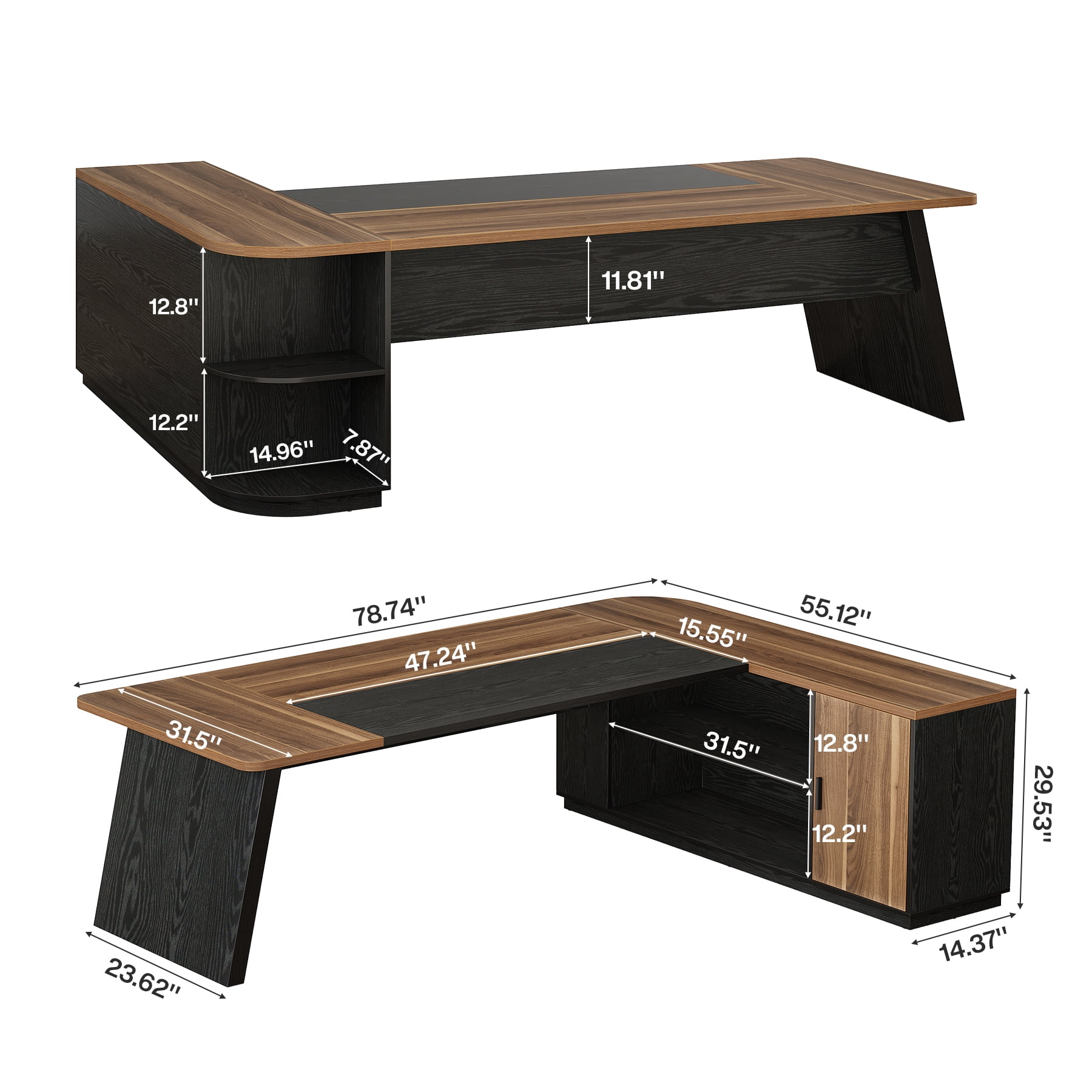 Finmind Executive Desk with Cabinet, 79-Inch L-Shaped Computer Table with Storage Shelves, Office Desk for Home Office, Brown and Black