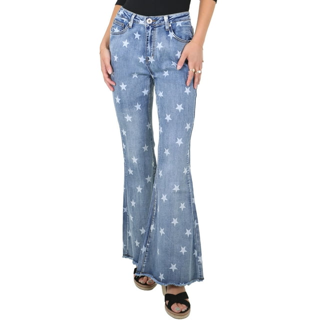 Women's Bell Bottom Star Jeans Elastic High Waisted Flared Jeans Denim Pants With Pocket