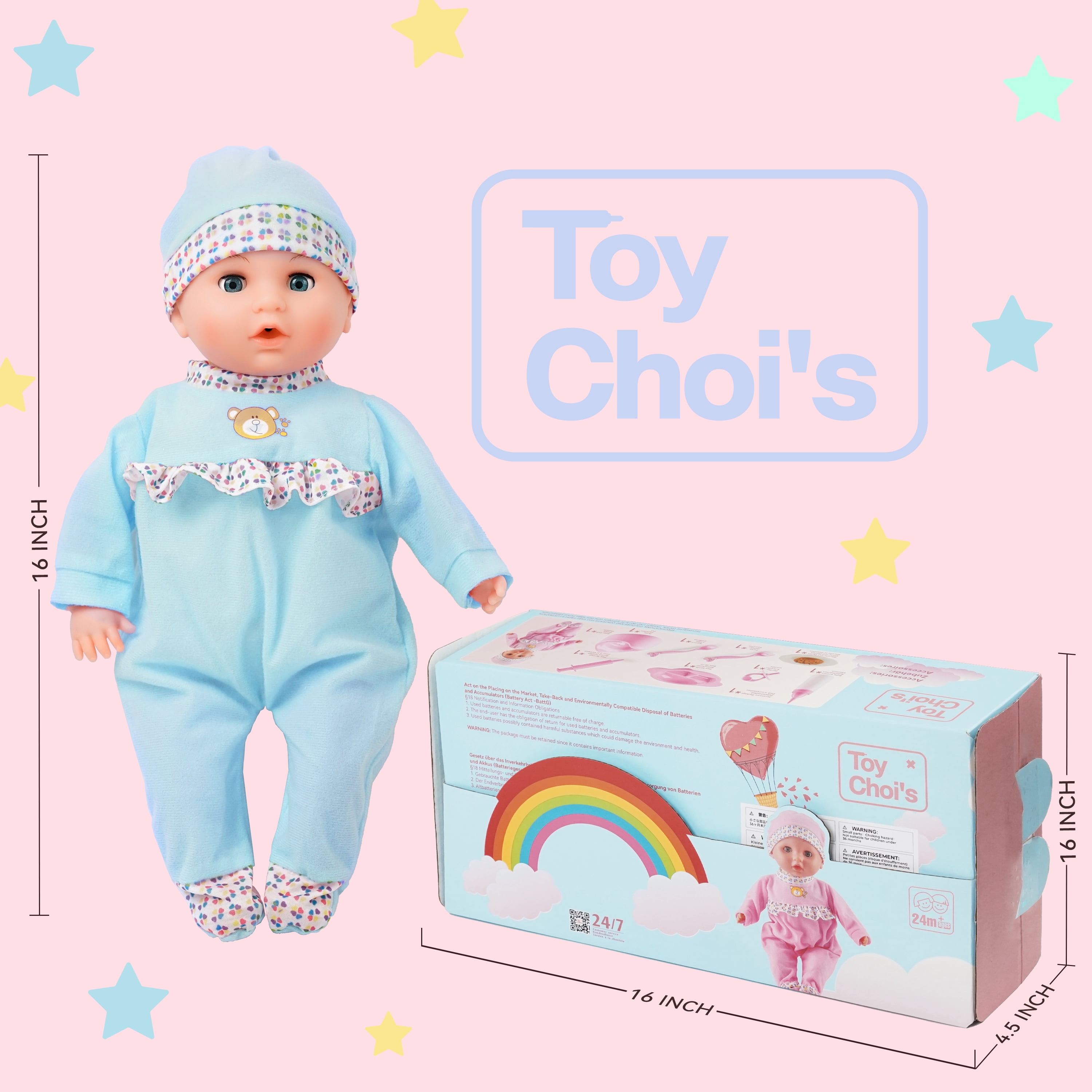 Baby Doll Blue with White Skin, Toy Choi's 16 Inch Baby Doll, Can Crying Talking Feeding with Different Sounds Baby Doll, Play Preschool Toys Gift for 3-6 Girls Boys