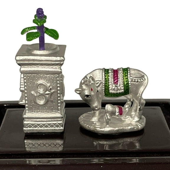 999 Pure Silver Kamdhenu Cow & Tulsi Statue - 1.25 inch Tall Idol / Murti (Figurine #12)