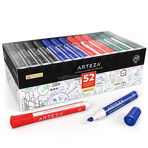 Arteza Marqueurs Effaçables à Sec avec Encre à Faible Odeur, Pointe Biseautée, Couleurs Assorties, 52 Unités