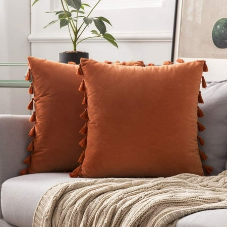 

MIULEE Pack of 2 Velvet Soft Decorative Throw Pillow Covers with Tassels Fringe Boho Accent Cushion Case for Couch Sofa Bed 16x16 Inch Orange