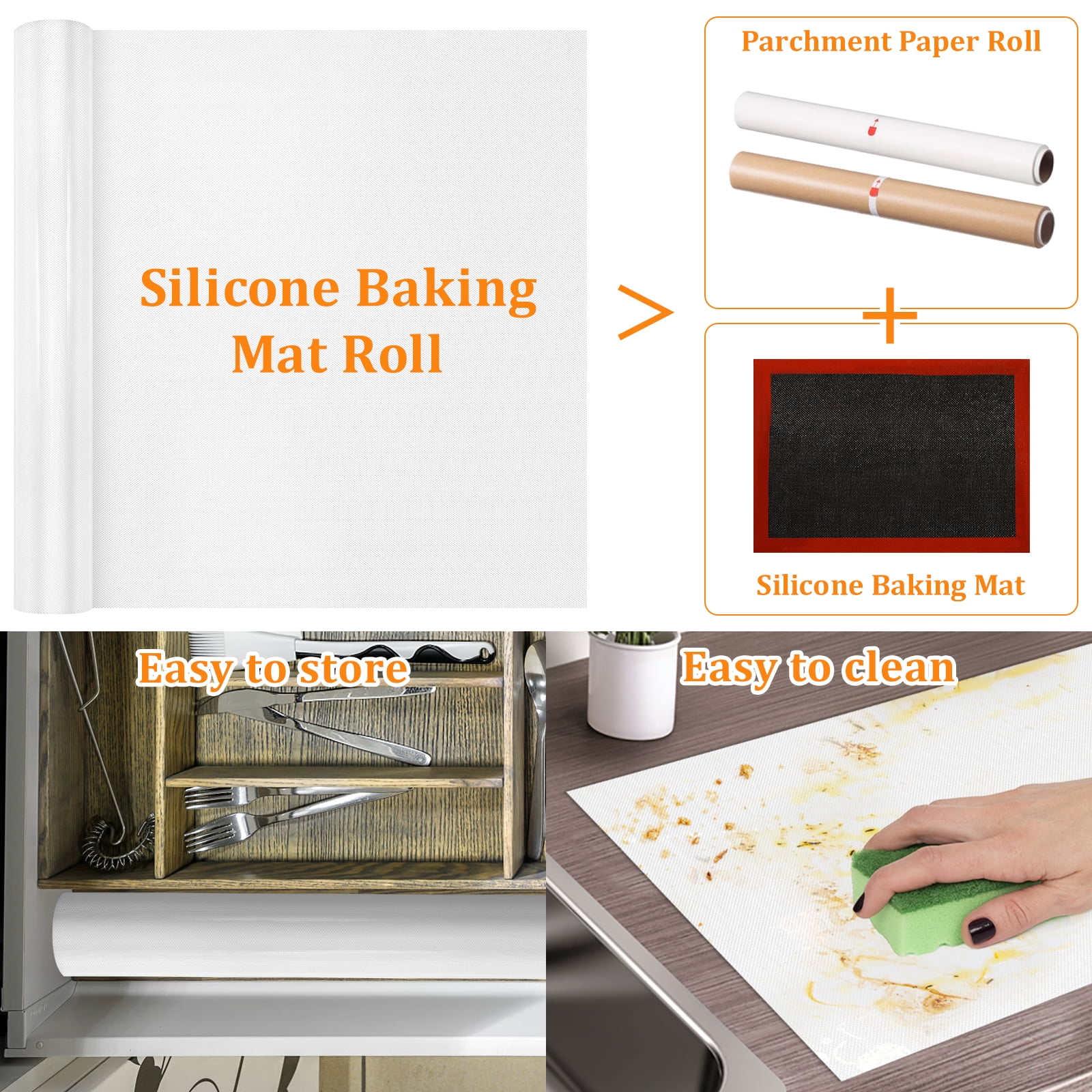 Vensio -16 Inch x 10ft Silicone Baking Mat Roll, Heat Resistant Non-Stick Pastry and Dough Rolling Mat for Kitchen Countertops, Reusable Cut-to-Size Oven Mat White