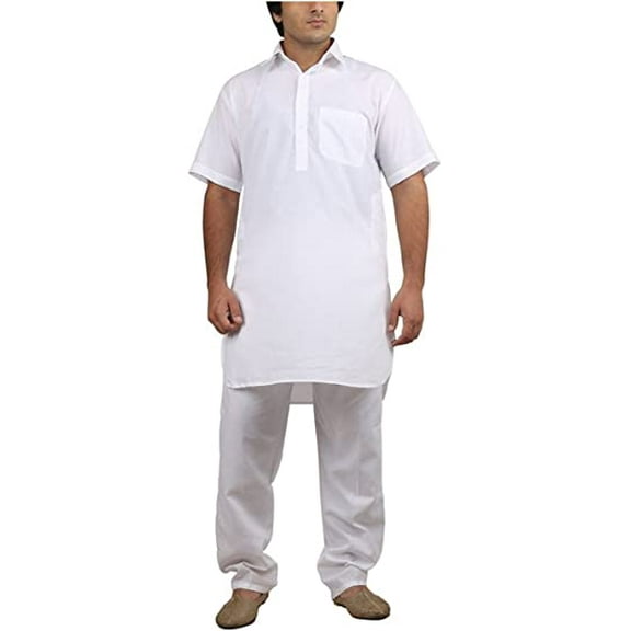 Men's White Cotton Blended Fine Pathani Kurta Pyjama Set By Royal Kurta