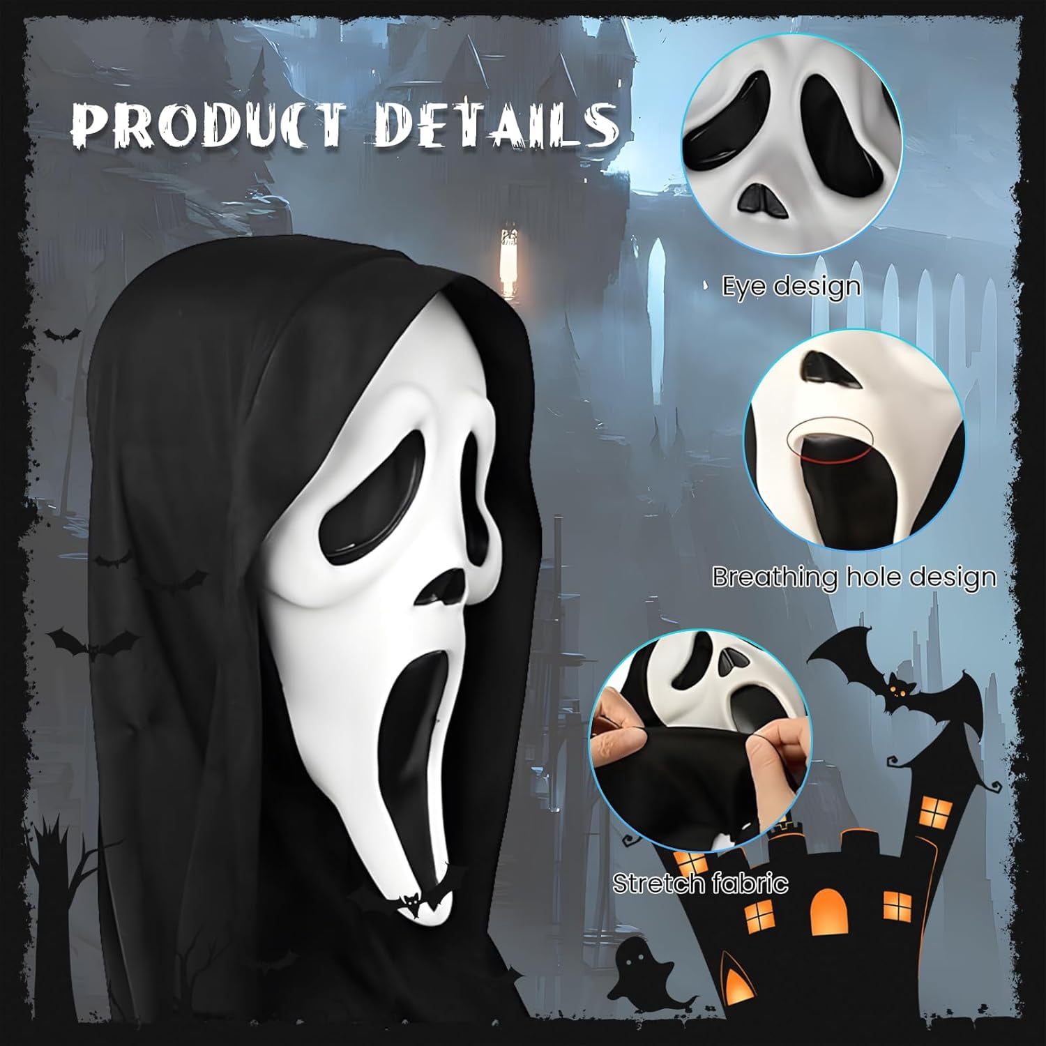 Guvpev Ghost Face Mask, Halloween Costume Mask with Black Stretch Hood, Full Head Horror Cosplay Costume Dress-Up Prop for Halloween Party Decoration
