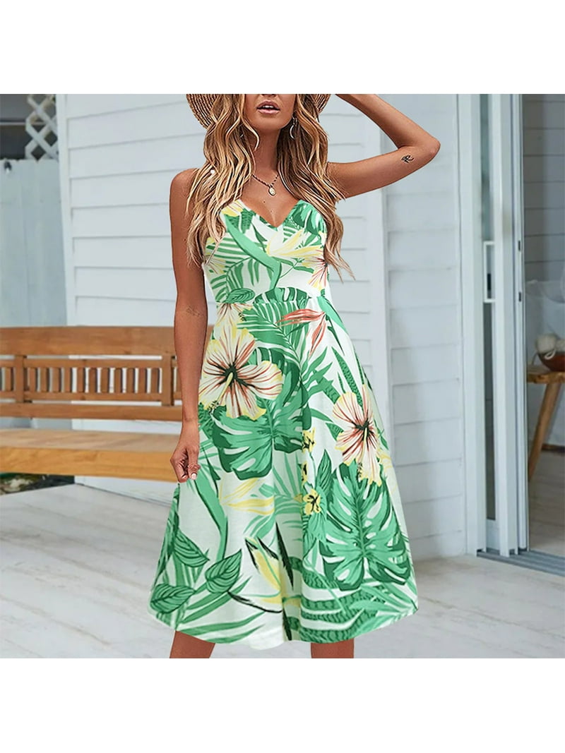 Women's Summer Dress Leaf Print Ruffle Hem Casual Sling Mini Dress Womens Summer Dress with Sleeves plus Size Summer Dresses Simple Dresses Ruffle Maxi Dress Midi Dress for Women Casual -