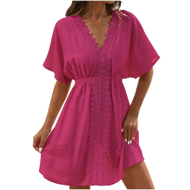 QIPOPIQ Robe Midi à Col en V pour Femme, Cache-Maillot, Manches Courtes, Dentelle, Été, Tenue de Plage, Décontractée, Cache-Maillots, Liquidation