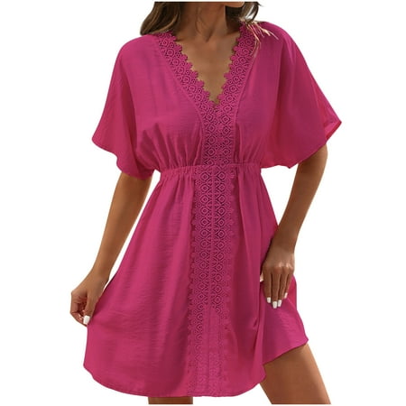 fatyb Swimsuit Coverup Mini Dresses for Women Short Sleeve V Neck Boho Beach Dress Bikini Cover up Dresses