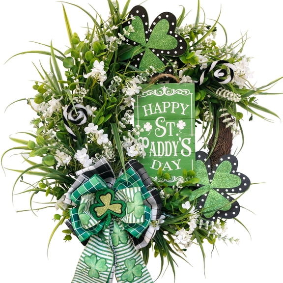 St Patrick's Day Wreath with Welcome sign, 20 inch Hanging Decorative Wreath with Green leaves, St Patrick's Day Decorations for Outdoor Garden Front Door Wall Farmhouse Decor