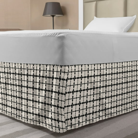 Geometric Bed Skirt, Vintage Lattice Pattern of Jagged Lines Formed Rhombus Shape Design, Elastic Bedskirt Dust Ruffle Wrap Around for Bedding Decor, 4 Sizes, Ivory and Charcoal Grey, by Ambesonne