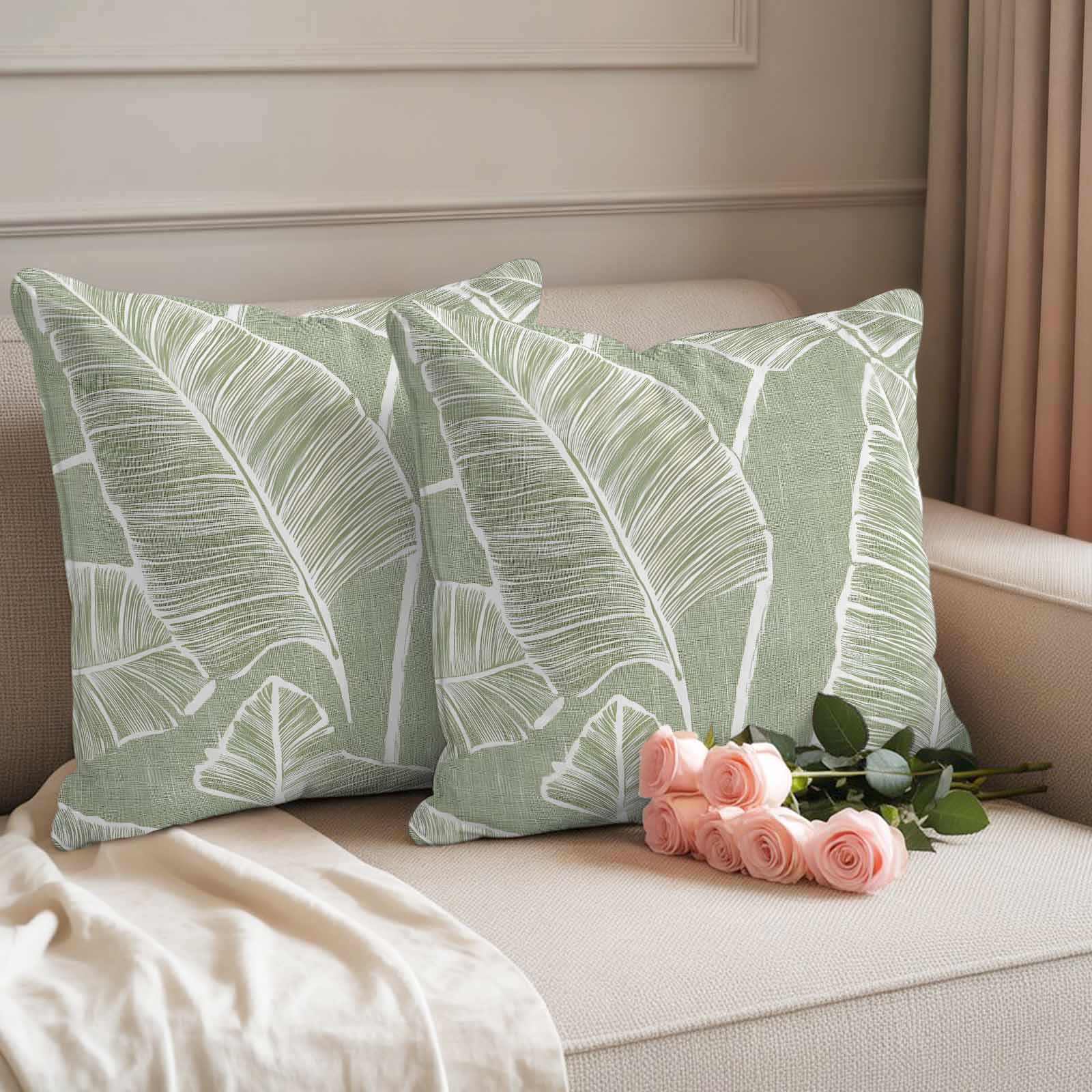 Pack of 2 Outdoor Pillow Covers,Waterproof Tropical Bloom Silhouettes Throw Pillow Covers,Green Palm Leaf Decorative Pillowcases Cushion Covers for Patio Couch Pillow Sham Protector 20x20 Inch