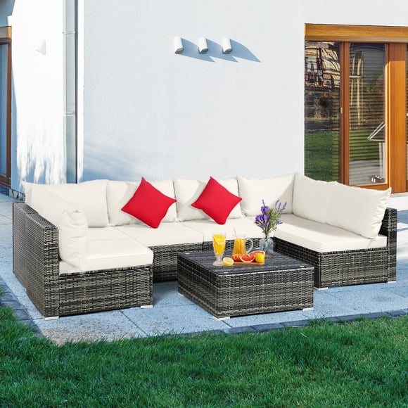 Patiojoy Ensemble de Mobilier de Patio Extérieur 7 Pcs en Rotin PE Toutes Saisons avec Table à Café et Coussins Blanc Cassé