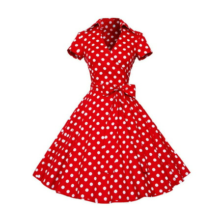 Lavaport Women Vintage Turn Down Collar Polka Dot Printed Slim Dress