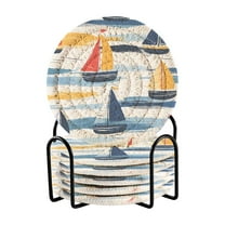 Yayeee 6 PCS Drink Coasters with Holder Set Woven Absorbent Round Tabletop Hot Pad, Orange Hand Drawn Sailboats