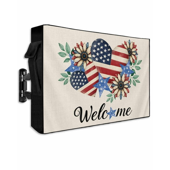 Outdoor TV Cover 52 to 55 Inch Weatherproof, Red Striped Red Love Heart Navy Independence Day 600D Oxford TV Covers with Waterproof Zipper, Outside Flat TV Screen Protector 52"Wx19"Hx4.5"D