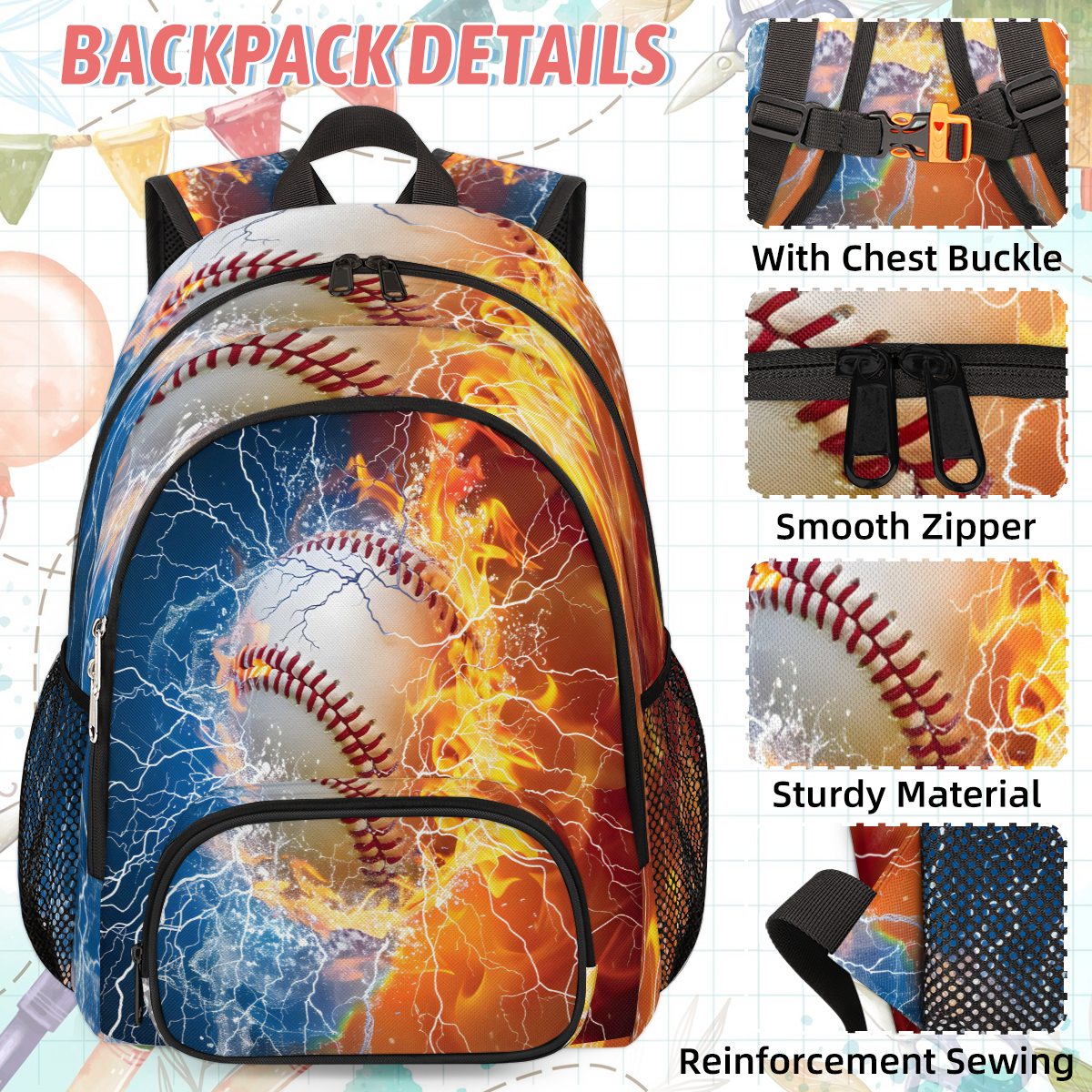 Herdesigns Baseball Sports Theme Large Backpack Set with Lunch Box Lightweight Water Resistant Travel Laptop Backpacks Casual Daypacks for Women Men