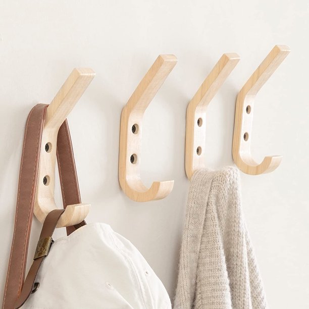 HBlife 4 Pack Wooden Coat Hooks Wall Hooks for Hanging, Natural Oak Wood Coat Hooks Wall Mounted