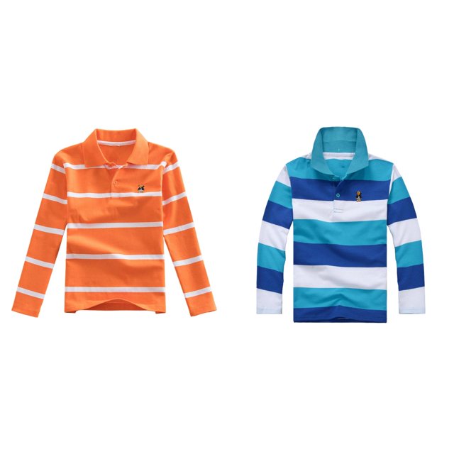 (2-Pack) Rinsvye Kids Striped Shirt Long Sleeve Collared T-Shirt Korean Style Casual Top Able Preppy Look Childrens Spring Fall Clothing
