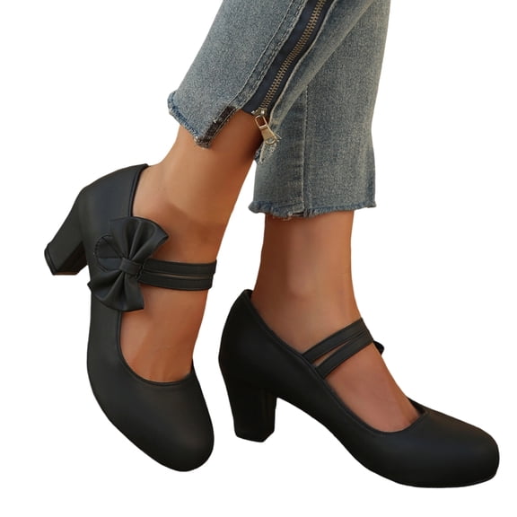 Willtoo Women's Platform Mary Jane Pumps with Bow, Closed Toe Chunky Heels Dressy Shoes Casual Daily Cute Heels