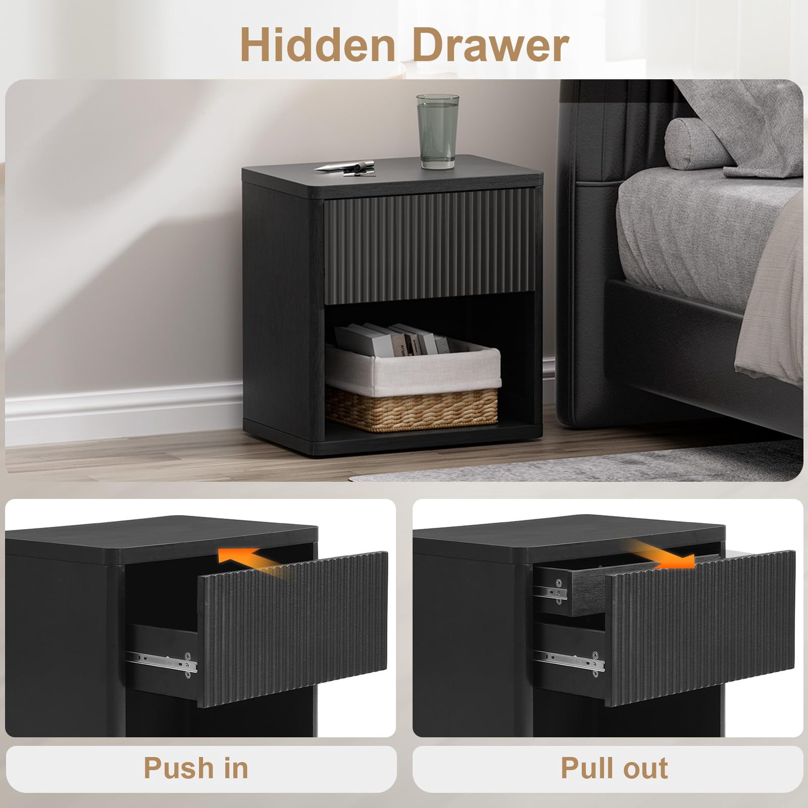 Brafab Mid Century Modern Nightstand Set of 2 with Hidden Drawers and Open Shelves, 22.8" W