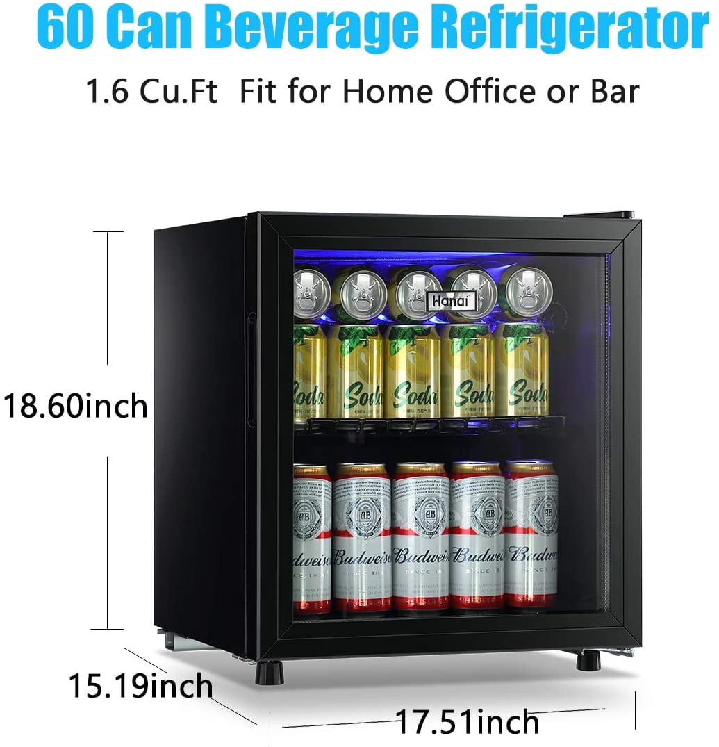 WANAI 1.6Cu.ft Beverage Refrigerator, Mini Fridge with Glass Door, Black