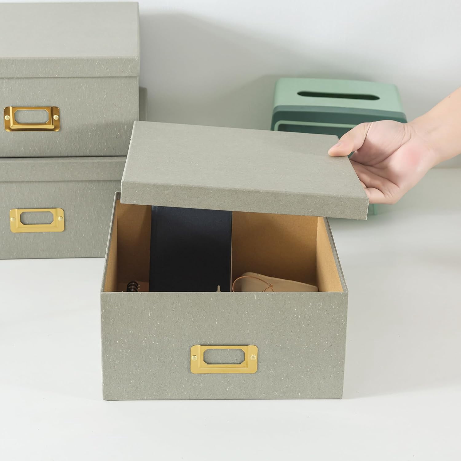 Square Stacking Boxes with Lids and Gold Label Holders, Decorative Photo Storage, Nesting Cardboard Set for Decor and Organizing