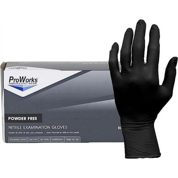 ProWorks GL-N145FM Disposable Glove, Exam Grade, 5 Mil Nitrile, 0.01" Height, 5" Wide, 9.5" Length, Medium, Black (Pack of 100)