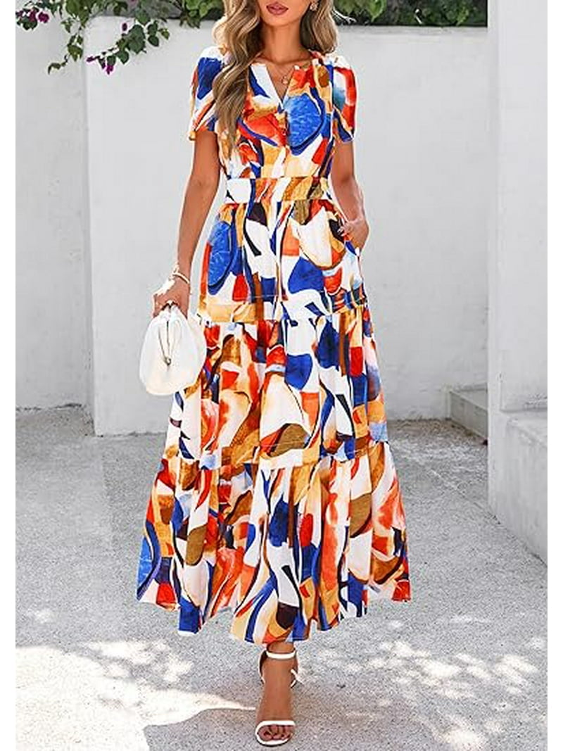 slim fit dress slacks PRETTYGARDEN Women's Summer Floral Midi Dress Cap Sleeve V Neck Ruffle