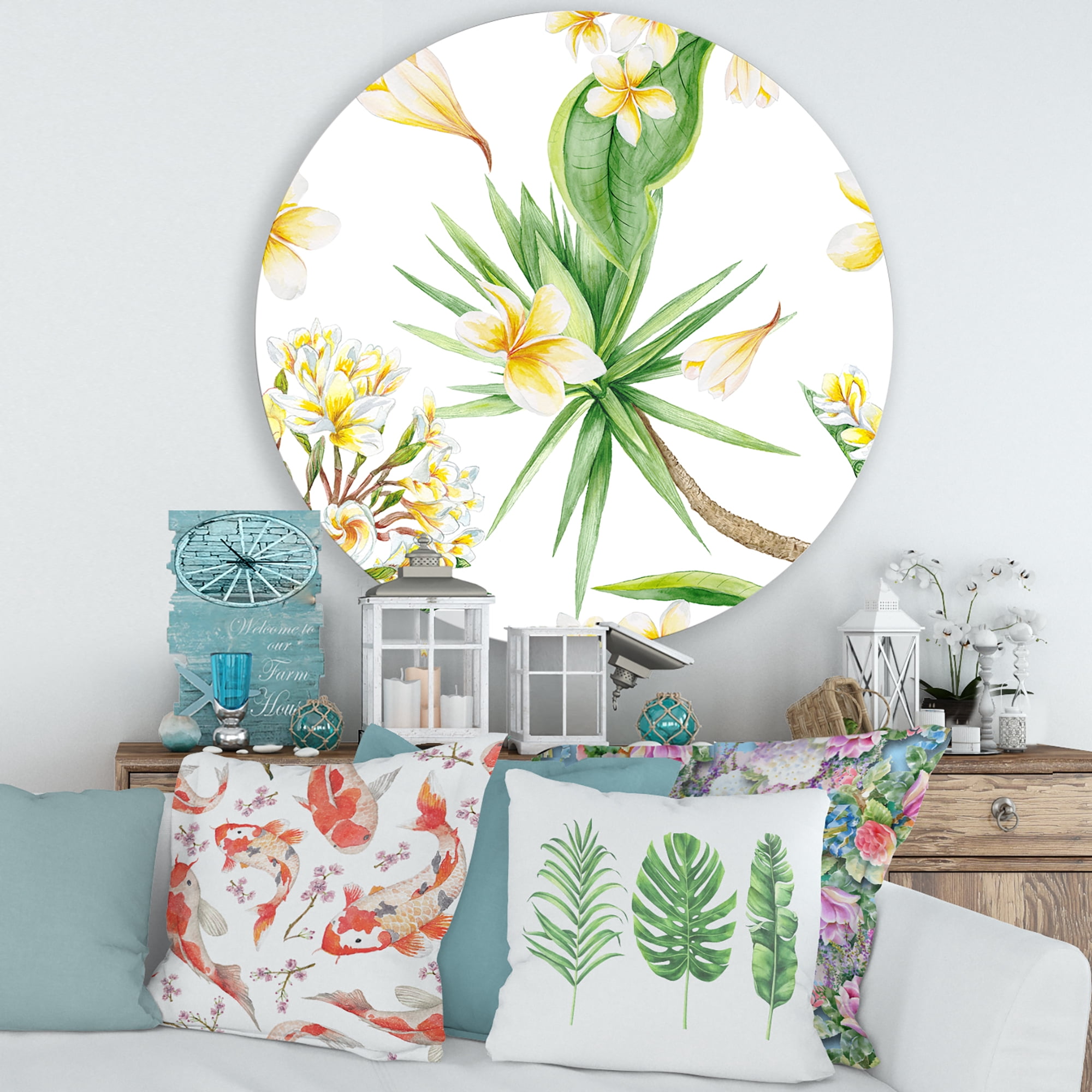 Designart 'Yellow Flowers and Tropical Foliage V' Modern Circle Metal Wall Art 29x29 - Disc of 29
