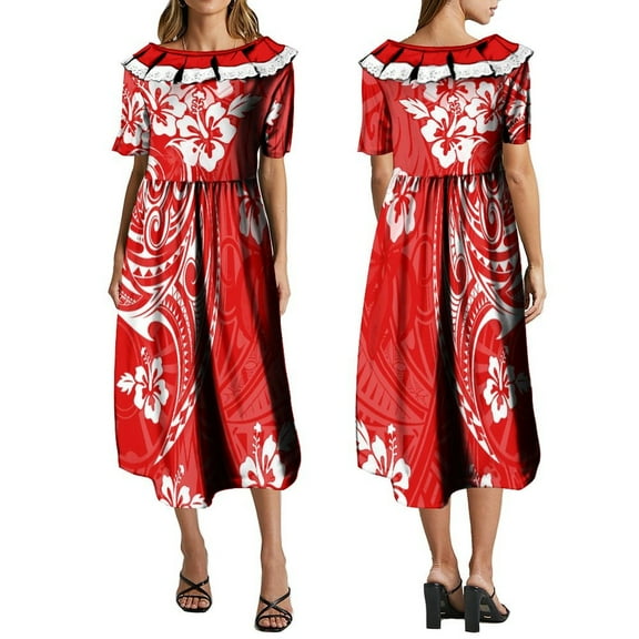 Summer Short Sleeve Ruffle Neck Dress High Quality Loose Casual Dress Custom Polynesian Dress With Fashion Pattern