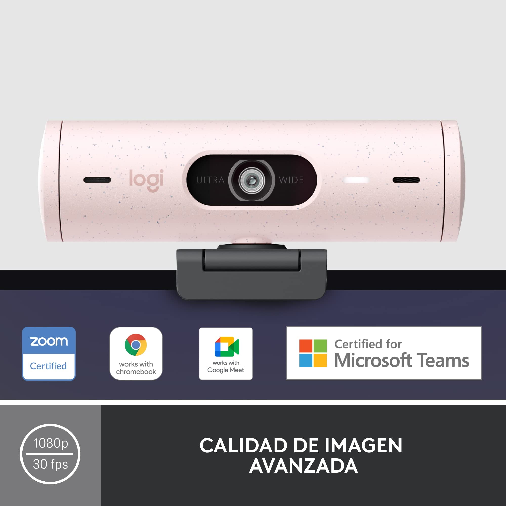 Logitech Brio 500 Full HD Webcam: Auto Light Correction, Auto-Framing, Viewing, Noise Reduction Mics, Privacy Webcam, for Microsoft Teams, Google Meet, Zoom - Pink