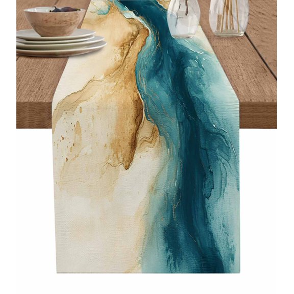 Ldtrchee Teal Brown Table Runner 36 Inches, Modern Abstract Art Contemporary Bed Runner Dresser Scarves Tabletop for Indoor Outdoor Parties/Ceremony/Banquet, 13"x 36"