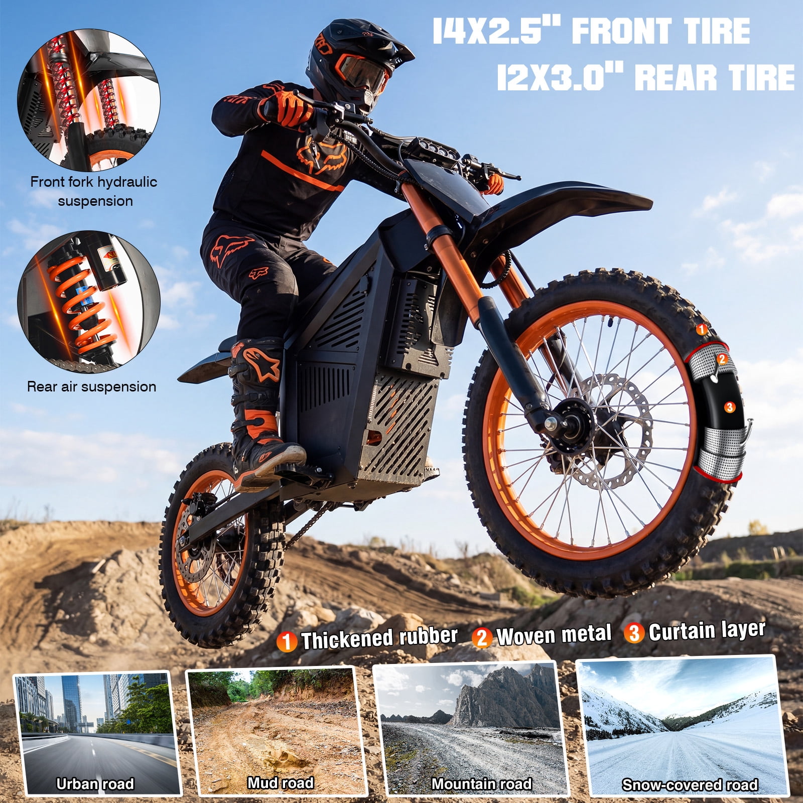 3000W Electric Dirt Bike for Adults 48V 21AH Motorcycle 35MPH Off-Road Vehicle High Carbon Steel Frame with Hydraulic Brakes UL2849