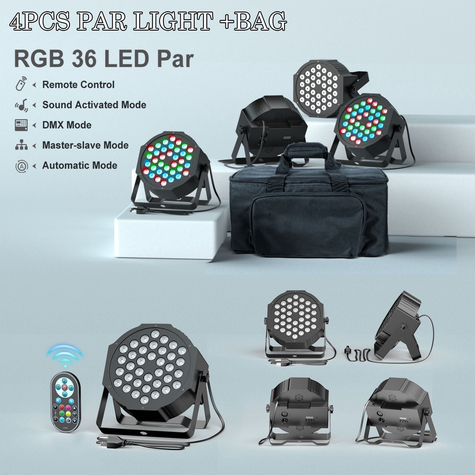 4 Pack Par Lights with Bag, 36 LED Round Stage Lights Sound Activated Party Lights, RGB Uplighting Lights with Remote Control Stage Lighting for DJ Club KTV Disco