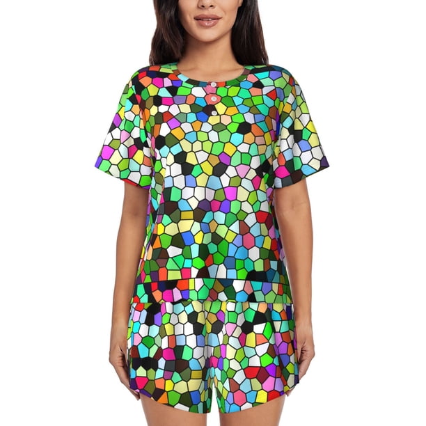 Balery Colorful Tie Dye Stained Glass Conjunto de Pijama para Mujer con Estampado, Dos Piezas de Manga Corta y Shorts, Ropa de Dormir Suave con Cuello Redondo y Bolsillos-Large