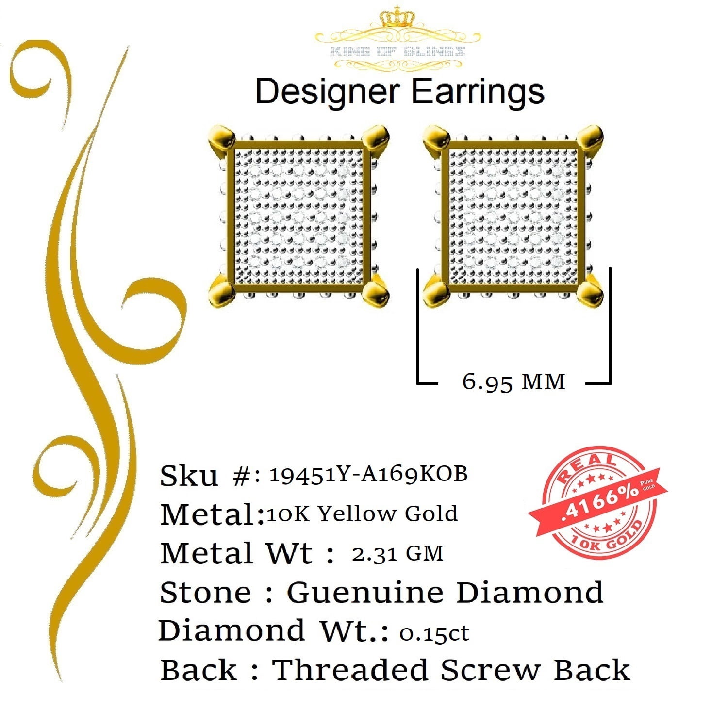 King of Bling's 10K Real Yellow Gold with 0.15CT Real Diamonds Men's/Women's stud Square Earring