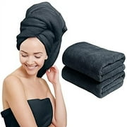 Scala Extra Large Hair Towel 24" x 48" Anti Frizz for Long Hair, Multipurpose Microfiber Bath Towel for Pool, Gym, Yoga, Camping - Quick Drying, Ultra Absorbent - Dark Gray, 2 Pack