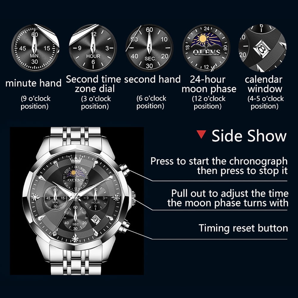 OLEVS Watches For Men Business Dress Luxury Casual Chronograph Multifunction Analog Quartz Stainless Steel Waterproof Luminous Moon Phase Date Men Wrist Watches Reloj Para Hombre Black Dial