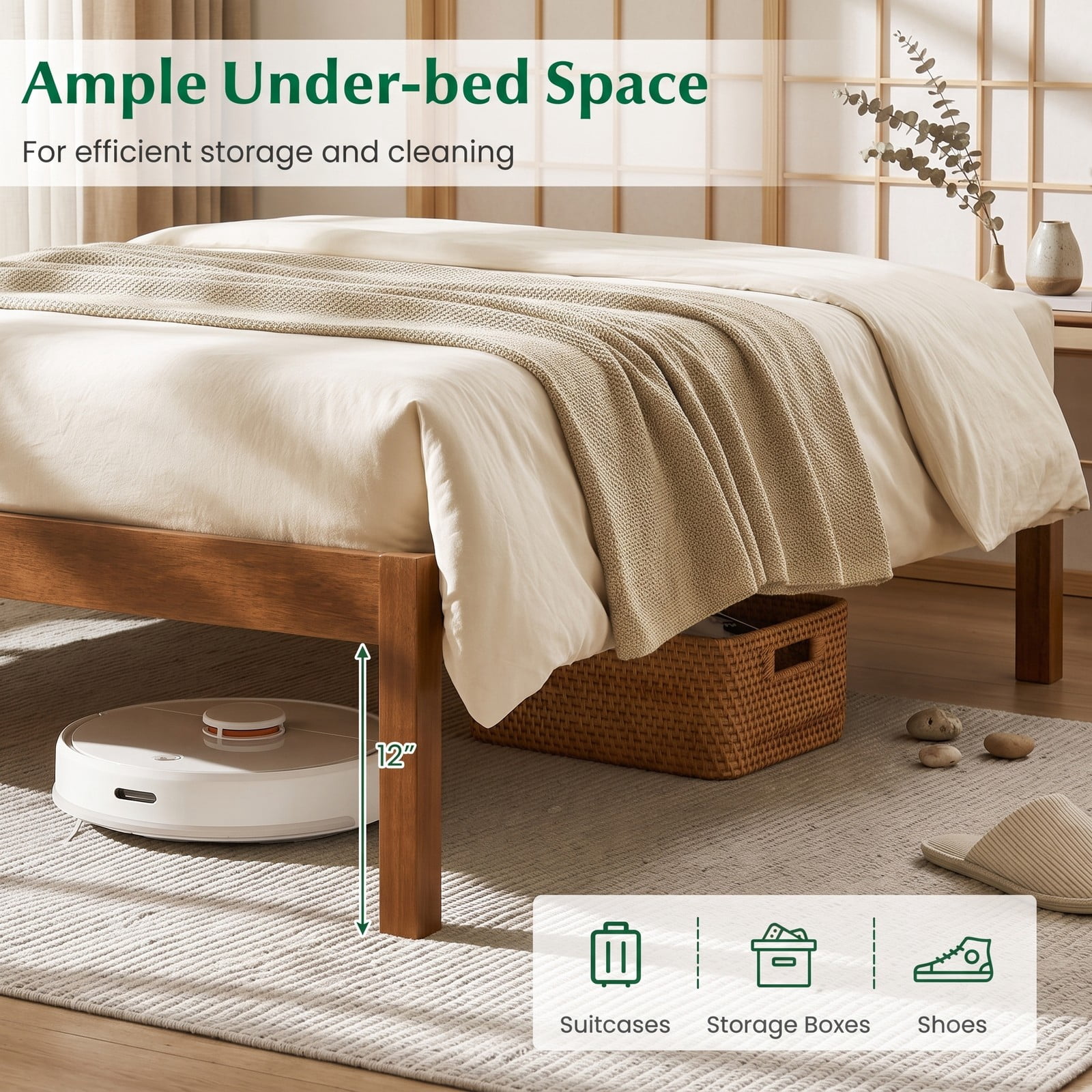 Furnibear Full Size Bed Frame with Curved Arched Headboard, Wood Platform Bed Frame with 8 Slats for Bedroom and Guest Room, Walnut