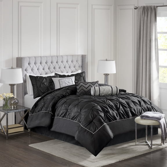 Madison Park King Comforter Sets, 7-Piece Tufted Pintuk Bed in a Bag Bed Set, Satin Luxury Black Comforter Bedding Set with Decor Pillow