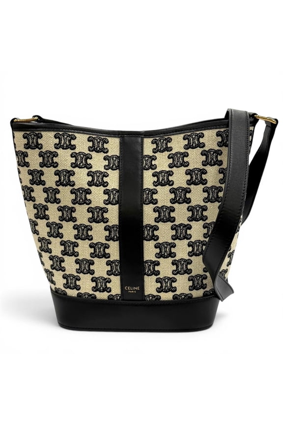 Pre-Owned CELINE 19144 Small Bucket Triomphe Canvas & Calfskin Shoulder Bag, Off-White/Black,...