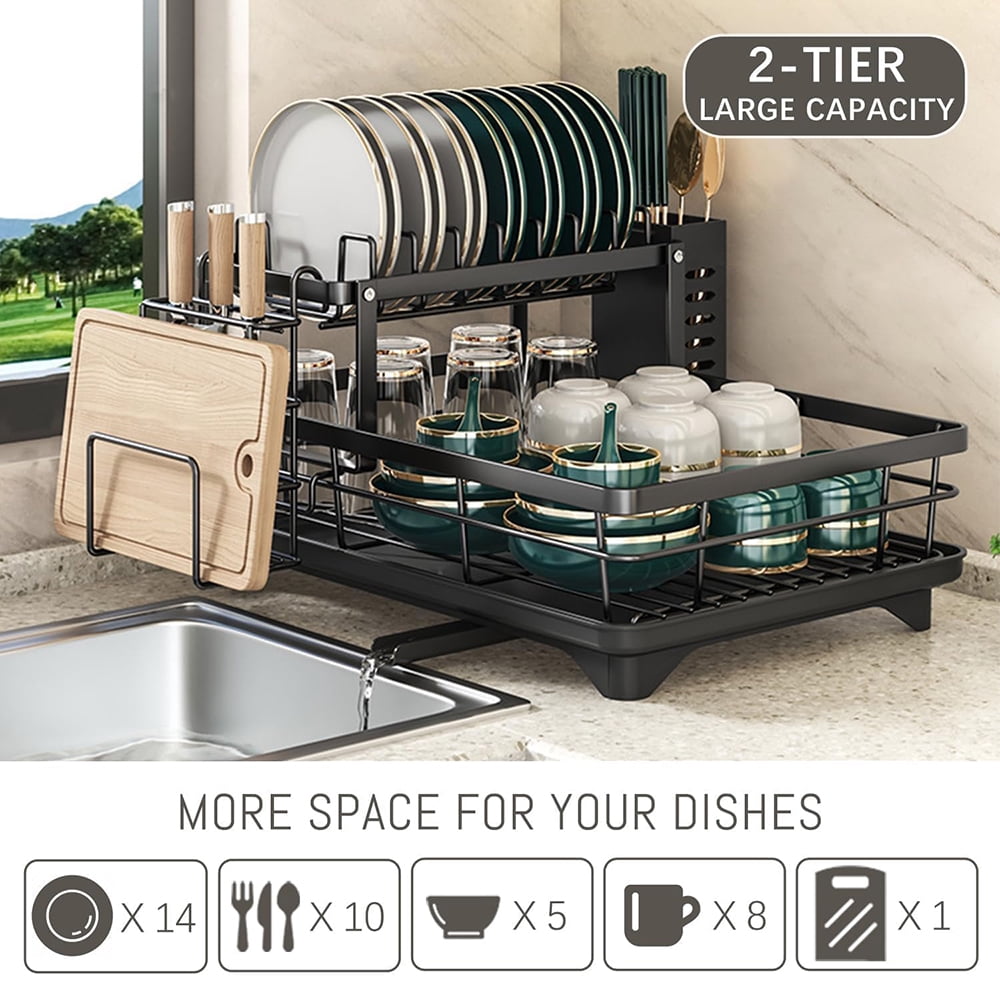 XMZHOU Dish Drying Racks for Kitchen Counter Carbon Steel Space-Saving 2 Tiers Bowl and Plate Storage Rack Kitchenware Countertop Organizer, Black